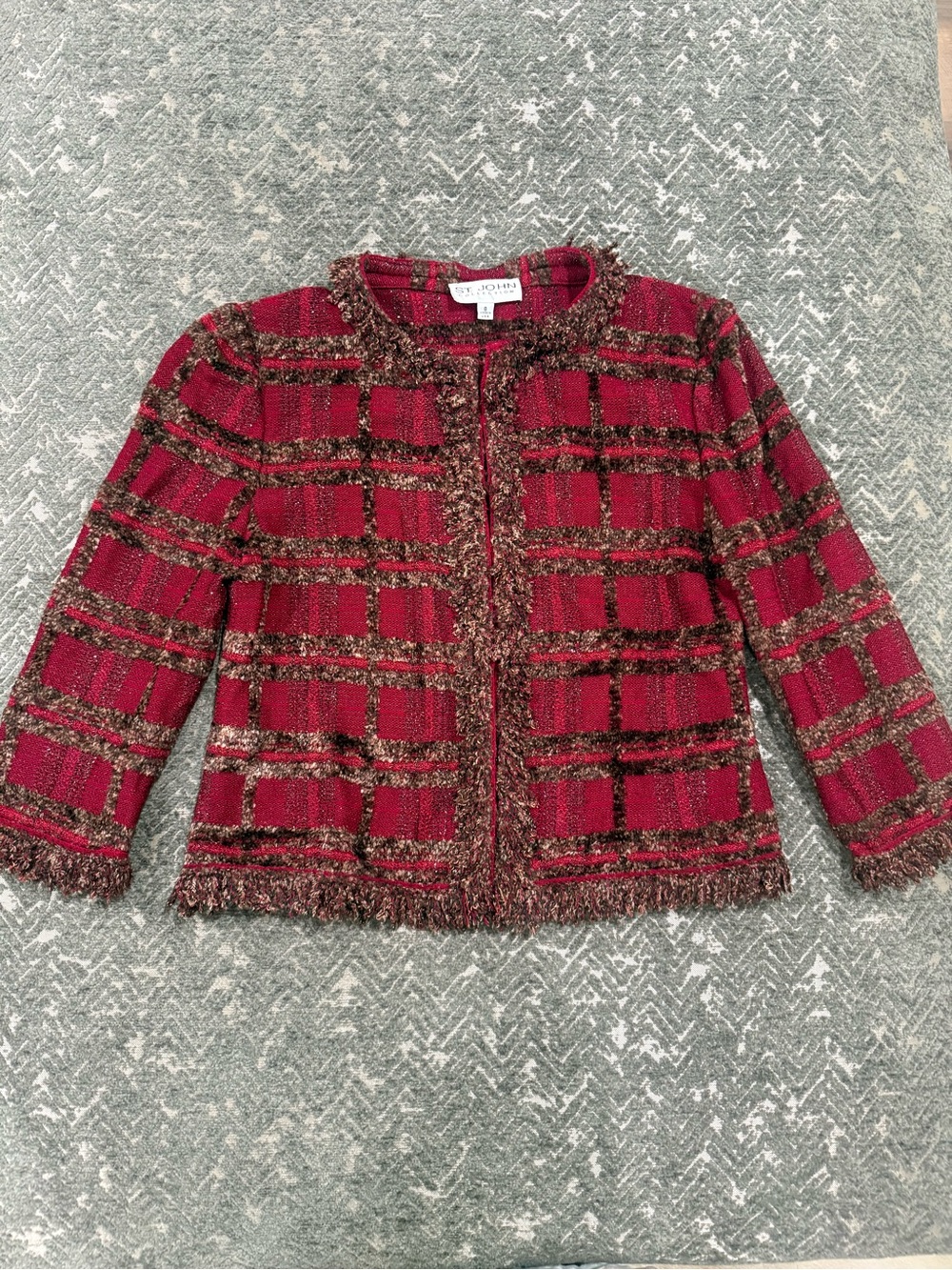 St. John Collection Size 8 Burgundy Plaid Knit Fringe Jacket Made USA